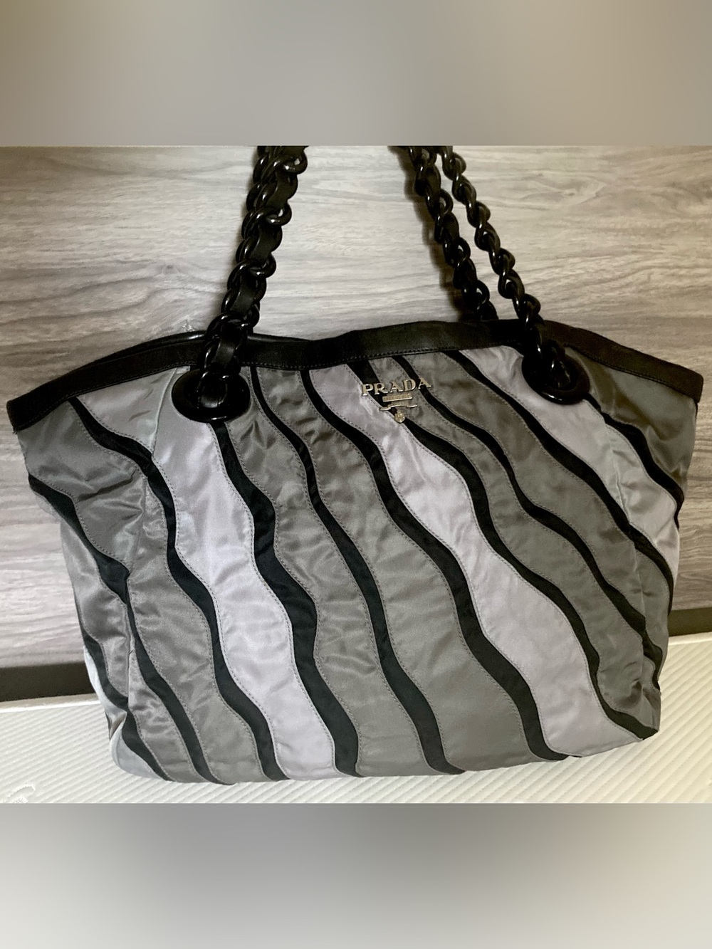 Prada Vintage Gray Black Wave Chain Handle Tote